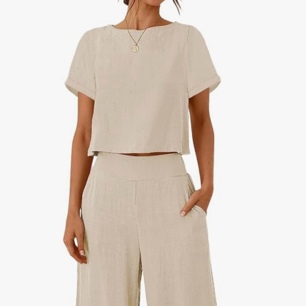 Two Linen Short Sleeve Crop Tops - black and cream